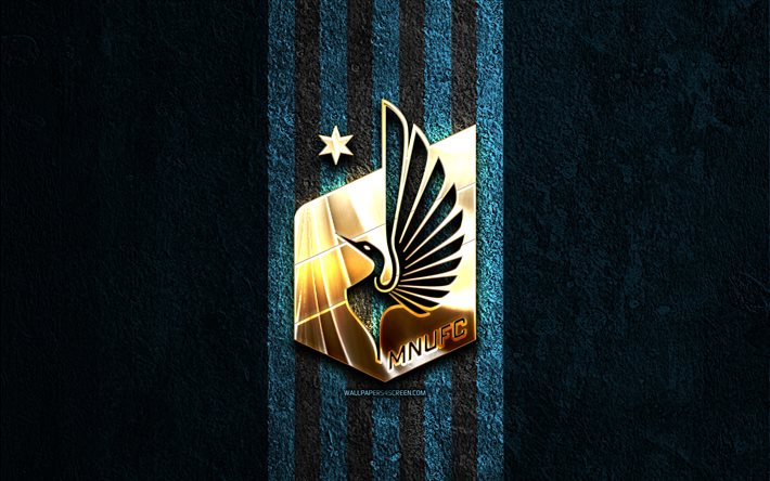goldenes logo von minnesota united, 4k, blauer steinhintergrund, mls, amerikanischer fußballverein, logo von minnesota united, fußball, minnesota united fc, minnesota united