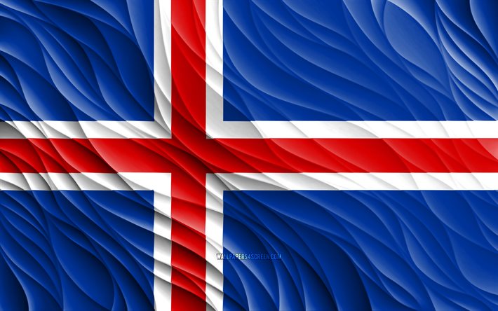 4k, isländsk flagga, vågiga 3d-flaggor, europeiska länder, islands flagga, islands dag, 3d-vågor, europa, isländska nationella symboler, island