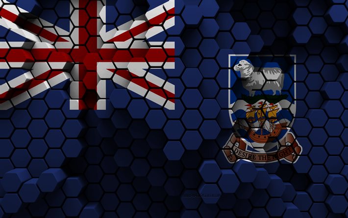 4k, Flag of Falkland Islands, 3d hexagon background, Falkland Islands 3d flag, Day of Falkland Islands, 3d hexagon texture, Falkland Islands national symbols, Falkland Islands, 3d Falkland Islands flag, European countries