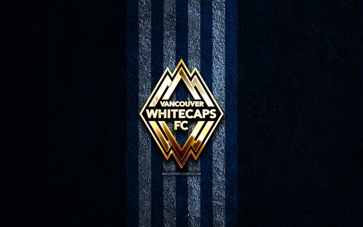 vancouver whitecaps logo dorato, 4k, sfondo di pietra blu, mls, squadra di calcio canadese, logo minnesota united, calcio, vancouver whitecaps fc, vancouver whitecaps