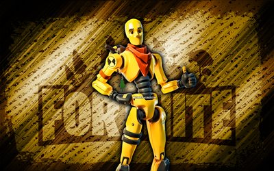 Dummy Fortnite, 4k, yellow diagonal background, grunge art, Fortnite, artwork, Dummy Skin, Fortnite characters, Dummy, Fortnite Dummy Skin
