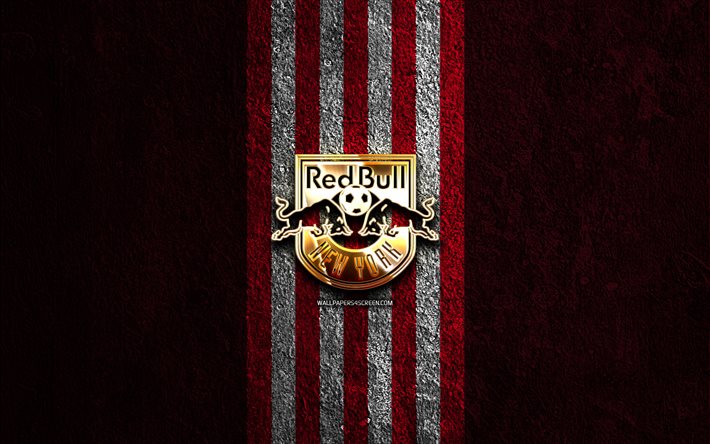 New York Red Bulls golden logo, 4k, purple stone background, MLS, american soccer club, New York Red Bulls logo, soccer, New York Red Bulls FC, football, New York Red Bulls, NY Red Bulls
