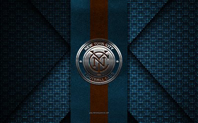 new york city fc, mls, textura tejida azul, logotipo de new york city fc, club de fútbol estadounidense, emblema de new york city fc, fútbol, nueva york, ee uu