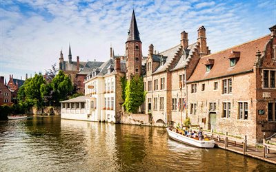 Bruges, cityscapes, water channel, summer, belgian cities, Belgium, Europe, Bruges cityscapes