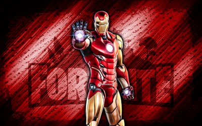 iron man fortnite, 4k, punainen diagonaalinen tausta, grunge-taide, fortnite, kuvitus, iron man skin, fortnite-hahmot, iron man, fortnite iron man skin