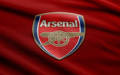 Arsenal FC fabric logo, 4k, red fabric background, Premier League, bokeh, soccer, Arsenal FC logo, football, Arsenal FC emblem, english football club, Arsenal FC