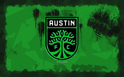 Austin FC grunge logo, 4k, MLS, green grunge background, soccer, Austin FC emblem, football, Austin FC logo, american soccer club, Austin FC