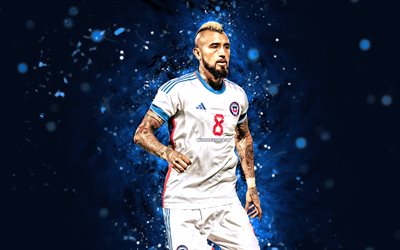 arturo vidal, 4k, siniset neonvalot, chilen kansallinen jalkapallojoukkue, jalkapallo, conmebol, sininen abstrakti tausta, chilen jalkapalloilijat, arturo vidal 4k