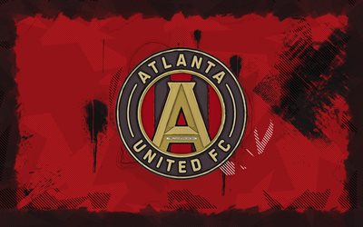Atlanta United grunge logo, 4k, MLS, red grunge background, soccer, Atlanta United emblem, football, Atlanta United logo, american soccer club, Atlanta United FC