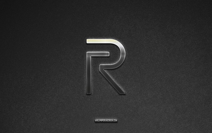 realmeロゴ, ブランド, 灰色の石の背景, realme emblem, 人気のロゴ, 本当の私, 金属標識, realme metal logo, 石のテクスチャー