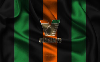 4k, logo venezia fc, tissu de soie rouge noir, équipe de football italien, venezia fc emblem, serie b, venezia fc, italie, football, drapeau venezia fc