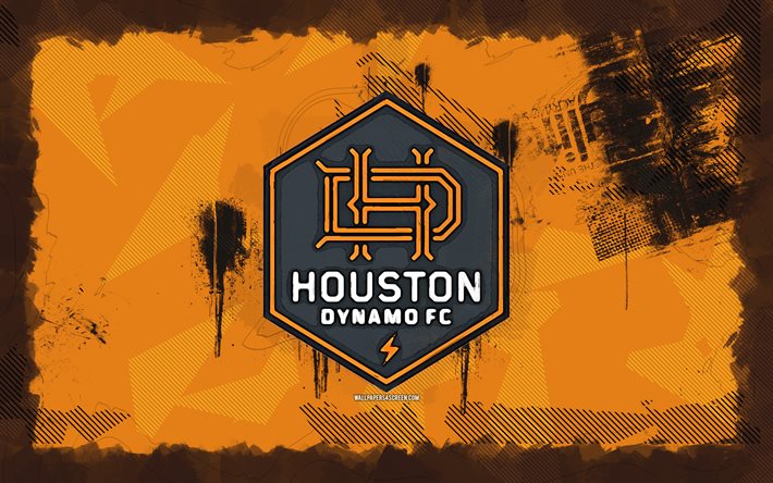Houston Dynamo grunge logo, 4k, MLS, orange grunge background, soccer, Houston Dynamo emblem, football, Houston Dynamo logo, american soccer club, Houston Dynamo FC