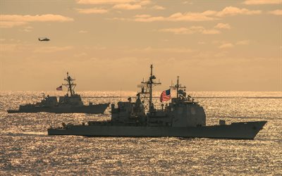 USS Sterett, DDG-104, US Navy, USS Shiloh, CG-67, American warships, evening, sunset, sea