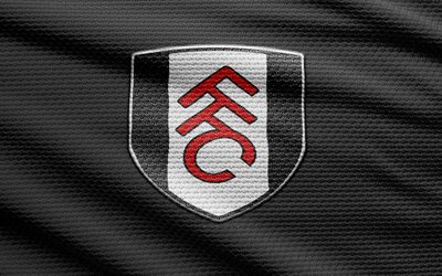 Fulham FC fabric logo, 4k, black fabric background, Premier League, bokeh, soccer, Fulham FC logo, football, Fulham FC emblem, english football club, Fulham FC
