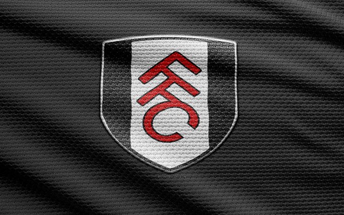 fulham fc kumaş logosu, 4k, siyah kumaş arka plan, premier lig, bokh, futbol, fulham fc logosu, fulham fc amblemi, ingiliz futbol kulübü, fulham fc