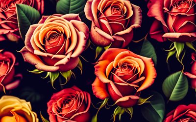 4k, boyalı güller, gül ile arka plan, kırmızı güller, pembe güller, çiçek arka planı, gül arka planı