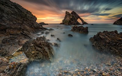 moray coast, sunset, mar, rochas, praia, escócia, portknockie