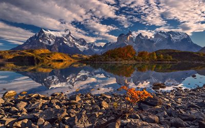 La patagonie, lac, coucher de soleil, montagnes, Patagonie, Chili