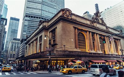 Grand Central Terminal, New York, sarı taksi, gökdelenler, sis, ABD