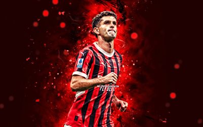 Christian Pulisic, 4k, red neon lights, Rossoneri, AC Milan, soccer, american footballers, Christian Pulisic 4K, Milan FC, red abstract background, football, Christian Pulisic Milan