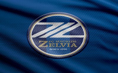FC Machida Zelvia fabric logo, 4k, blue fabric background, J1 League, bokeh, soccer, FC Machida Zelvia logo, football, FC Machida Zelvia emblem, FC Machida Zelvia, japanese football club, Machida Zelvia FC