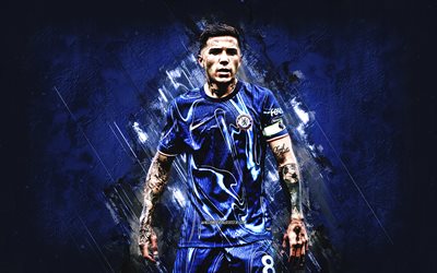 enzo fernandez, chelsea fc, arjantinli futbolcu, mavi taş arka plan, premier lig, ingiltere, futbol