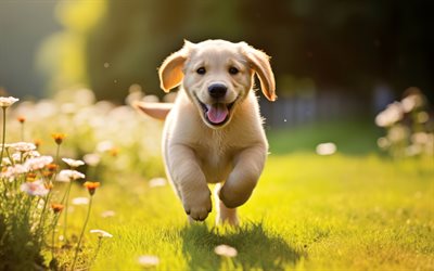 golden retriever welpe, 4k, labrador, süße tiere, golden retriever, welpen laufen, hunde, haustiere, kleiner hund, welpen