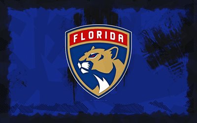 florida panthers grunge logo, 4k, nhl, fondo de grunge azul, hockey, emblema de florida panthers, logotipo de florida panthers, american hockey club, panteras de florida