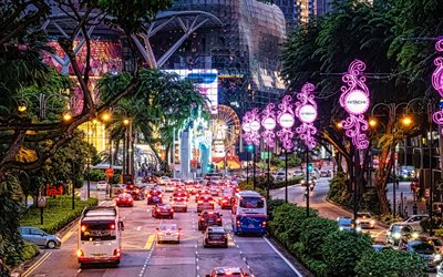 hedelmätarha, 4k, bulevardi, singapore, moderni arkkitehtuuri, liikennevalot, yökuvat, aasia, singaporen kaupunkikuva, singapore yöllä, kaupunkimaisema