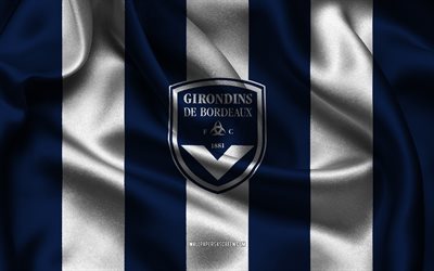 4k, fc girondins de bordeaux logo, tecido de seda branca azul, time de futebol francês, fc girondins de bordeaux emblema, ligue 2, fc girondins de bordeaux, frança, futebol, sc bastia flag, bordeaux fc