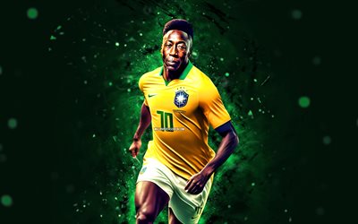 pele, 4k, luci al neon verde, brasile national team, calcio, calciatori, background astratto verde, stelle di calcio, edson arantes do nascimento, leggende di calcio, squadra di calcio brasiliana, pele 4k