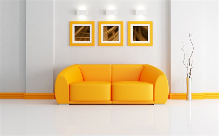 inredning, orange soffa, stomme, vita väggar