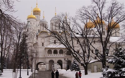 l'hiver, la russie, le kremlin de moscou, les dômes dorés