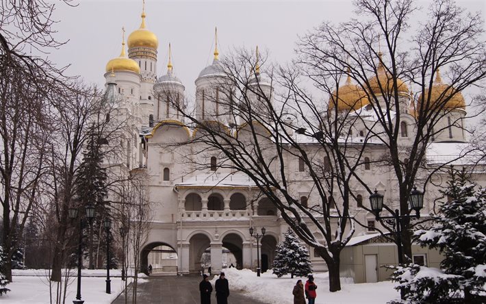 inverno, rússia, o kremlin de moscou, cúpulas douradas