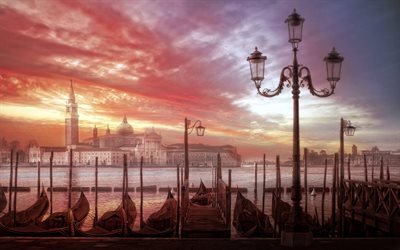 venetsia, aamu, gondoli, auringonnousu