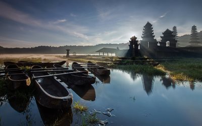 asia, pagoda, morning, boats, sunrise