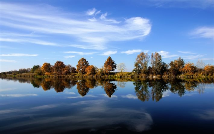 photo, ciel bleu, bord de l'eau, de l'automne