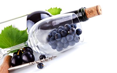 corkscrew, wine, grapes