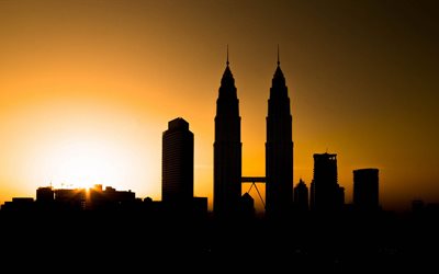 kuala lumpur, en malaisie, les tours jumelles petronas, coucher de soleil, les bâtiments petronas, photo les villes
