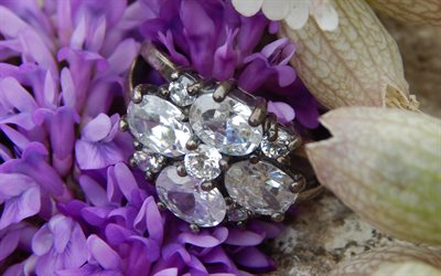 diamanti, fiore viola, anello di nozze, gioielli