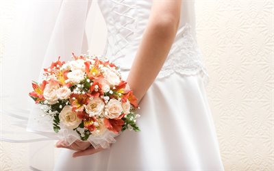vit klänning, bruden, bröllop, brudens bukett, kallad