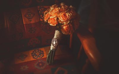orange roses, wedding bouquet, retro
