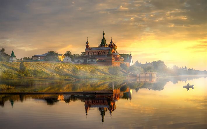 river, por la mañana, volkhov, el monasterio de st nicolás, staraya ladoga