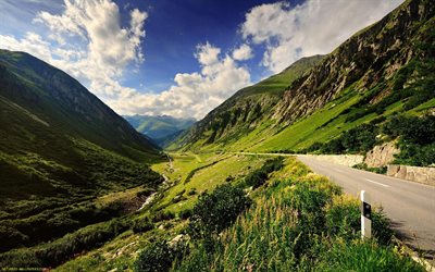 mountain road, mountains, valley, green hills