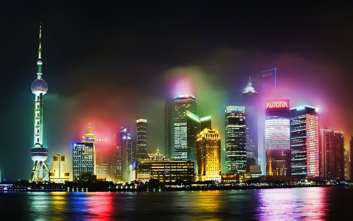 shanghai, night, china, skyscrapers, the lights of the city