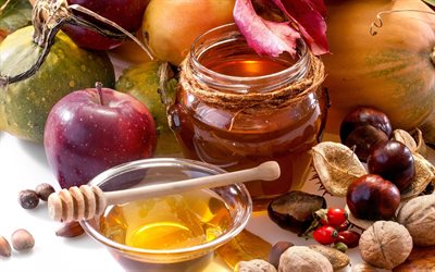 apple, jar, honey, nuts, vegetables, fruit, pears, a jar of honey