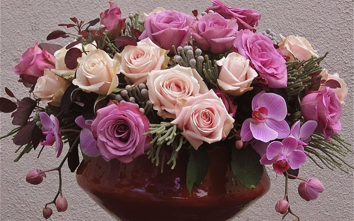 아름다운 장미, 분홍색 roses, 장미의 꽃다발, 꽃다발