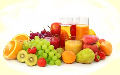 kiwi, naranjas, uvas, jugo de frutas, jugos, frutas, melocotones