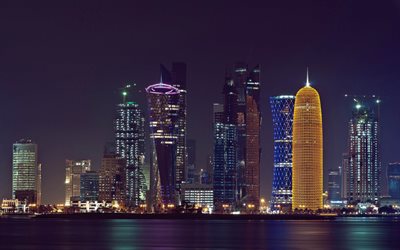 qatar, night, doha, skyscrapers