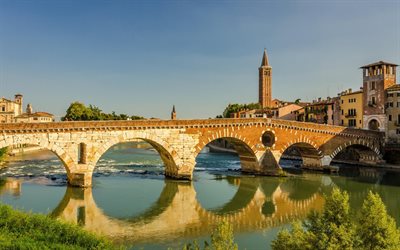 الجسر, فيرونا, إيطاليا, السماء, نهر أديجي, مساء
